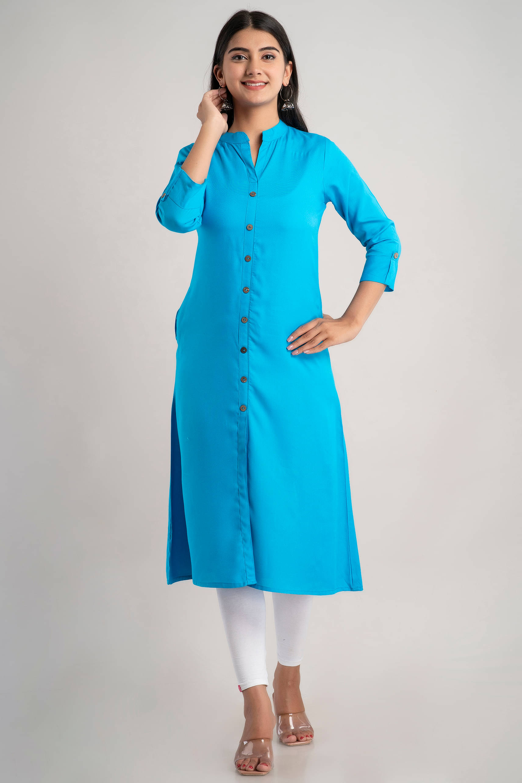 MAUKA - Blue Rayon Women's Front Slit Kurti ( Pack of 1 )     			MAUKA - Blue Rayon Women's Front Slit Kurti ( Pack of 1 )