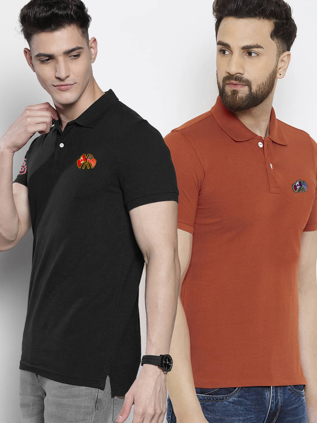 Merriment Pack of 2 Cotton Blend Regular Fit Solid Half Sleeves Men's Polo T Shirt ( Rust ) Merriment Pack of 2 Cotton Blend Regular Fit Solid Half Sleeves Men's Polo T Shirt ( Rust )