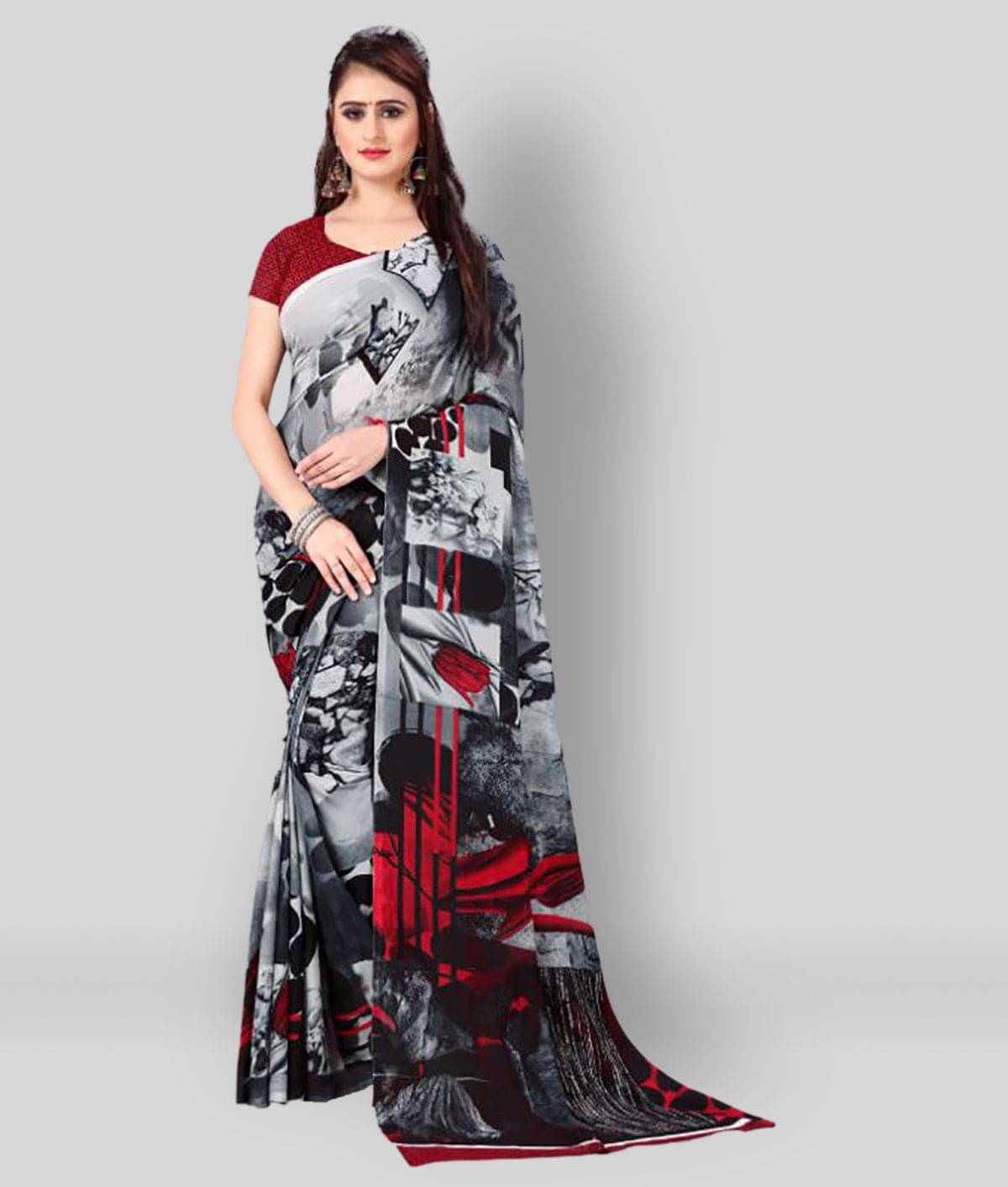 ANAND SAREES Georgette Printed Saree With Unstitched Blouse Piece ( Light Grey ) ANAND SAREES Georgette Printed Saree With Unstitched Blouse Piece ( Light Grey )