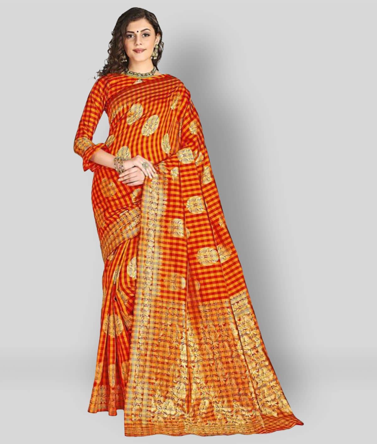 Dressy Banarasi Silk Checks Saree With Unstitched Blouse Piece ( Multicolor ) - Sarees | Buy online on ZillyBuy