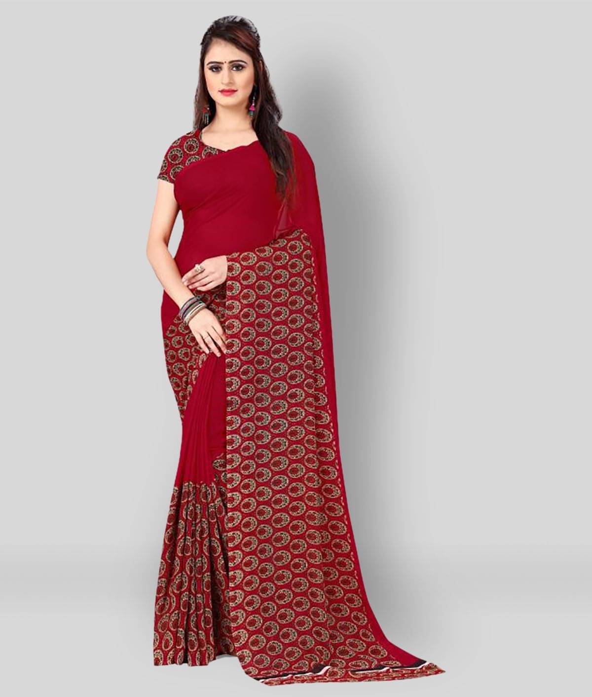 ANAND SAREES Georgette Printed Saree With Unstitched Blouse Piece ( Red ) ANAND SAREES Georgette Printed Saree With Unstitched Blouse Piece ( Red )