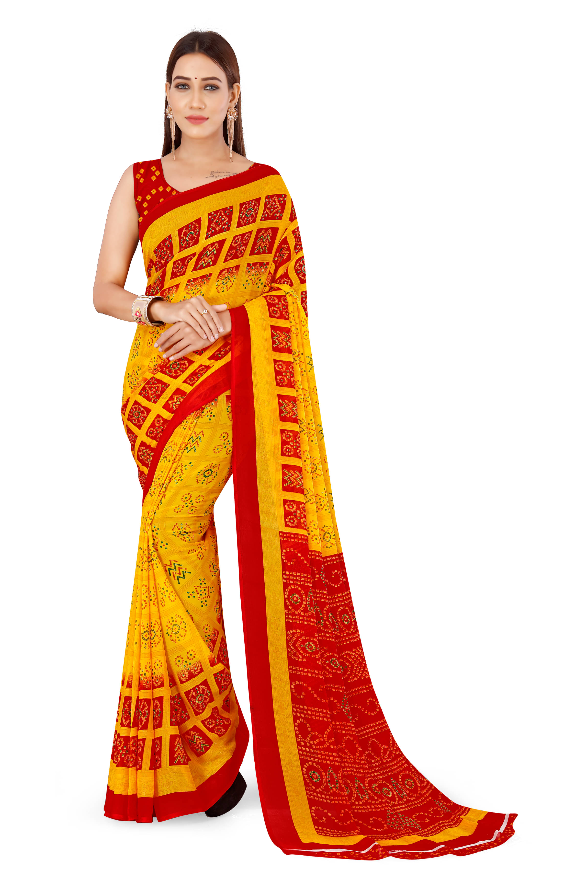 ANAND SAREES Georgette Printed Saree With Stitched Blouse ( Red ) ANAND SAREES Georgette Printed Saree With Stitched Blouse ( Red )