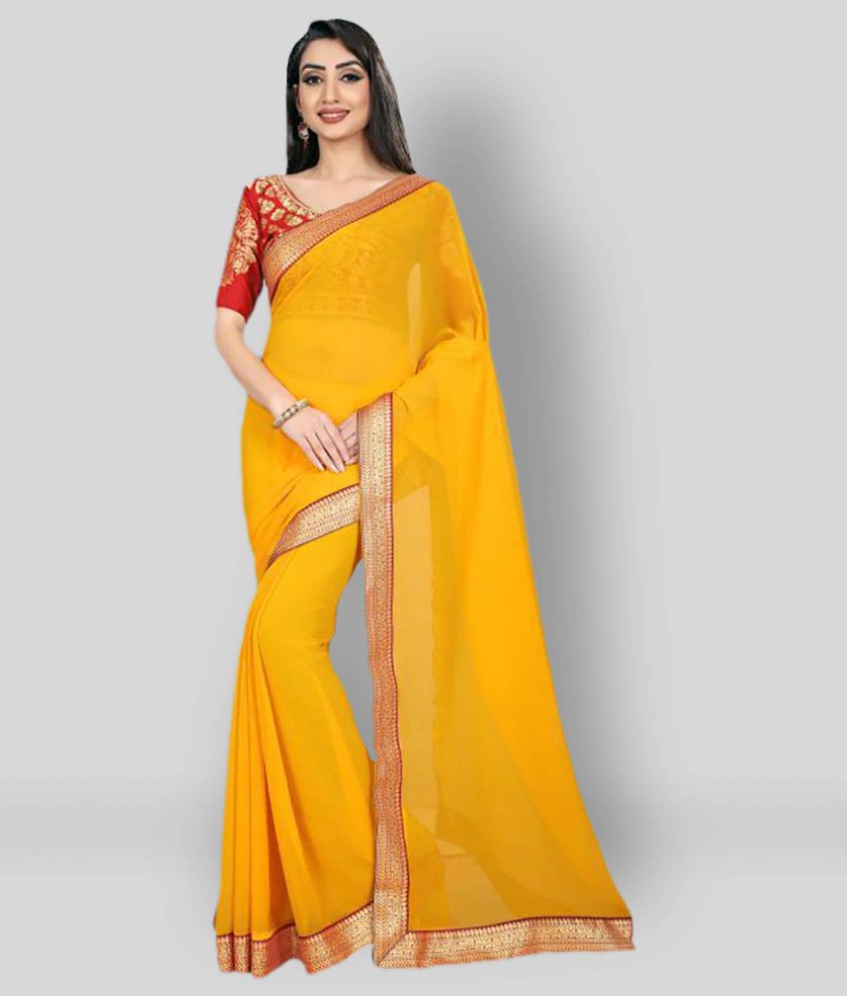     			ANAND SAREES Chiffon Solid Saree With Unstitched Blouse Piece ( Yellow )