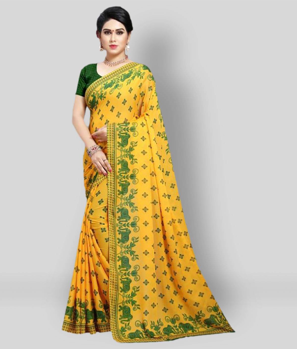     			ANAND SAREES Georgette Printed Saree With Unstitched Blouse Piece ( Yellow )