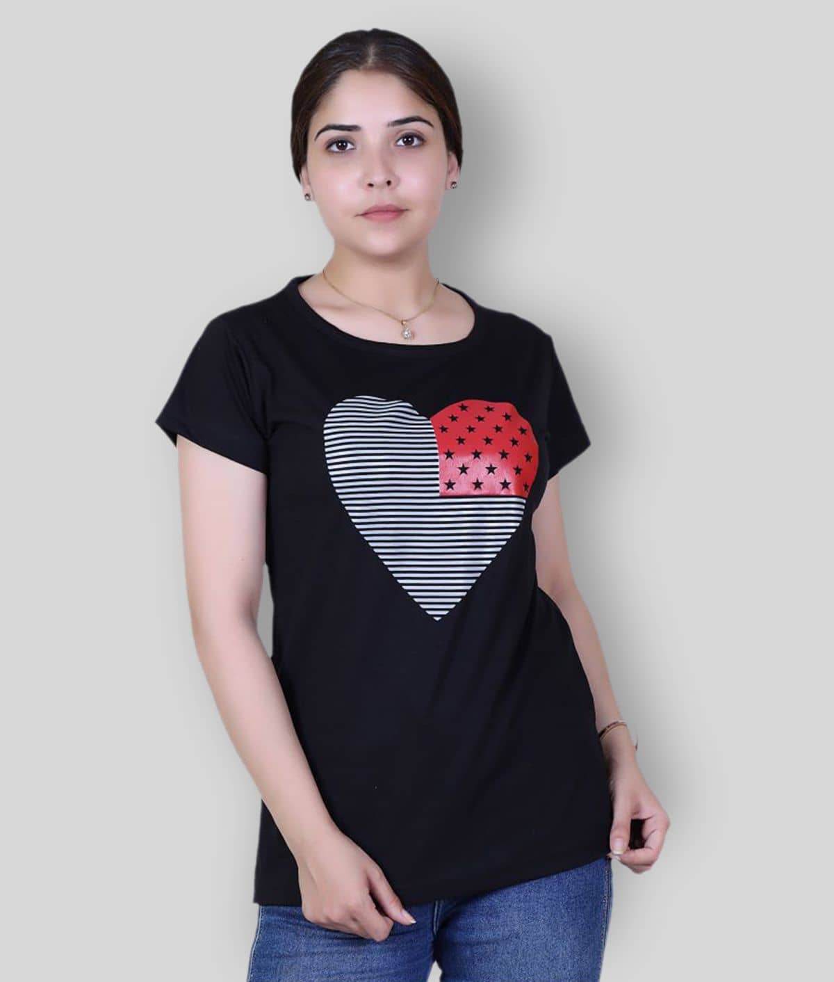 Varenyam Women Cotton Blend Printed Regular Fit Round Neck T-Shirt ( Black )