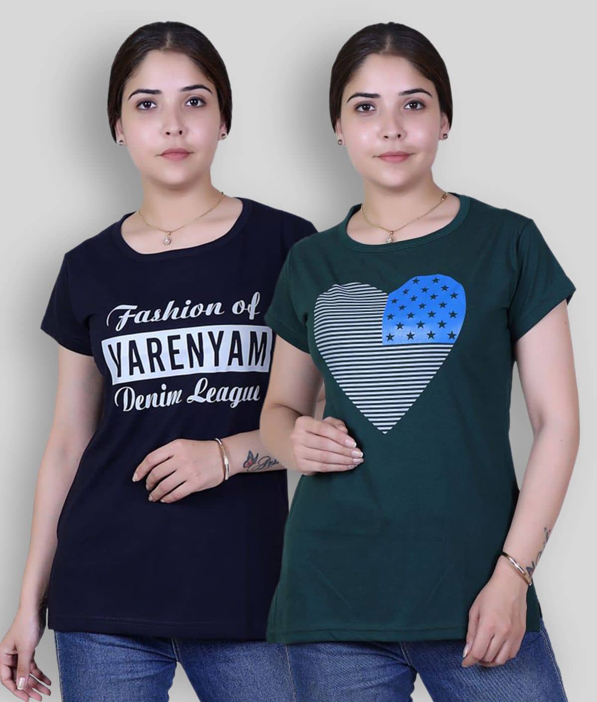 Varenyam Women Cotton Printed Regular Fit Round Neck T-Shirt ( Navy Blue )