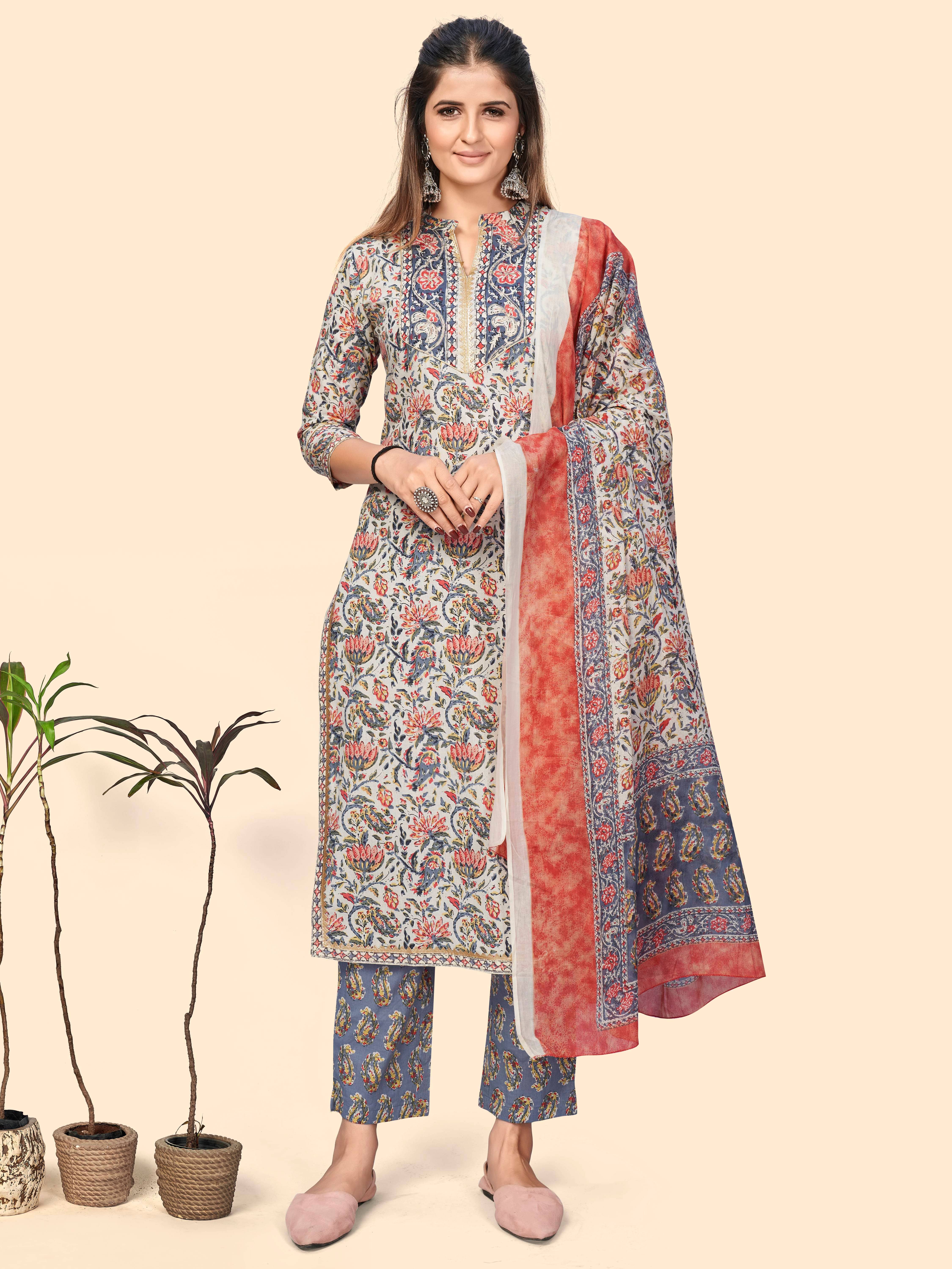 Vbuyz - Light Blue Straight Cotton Women's Stitched Salwar Suit ( Pack of 1 )