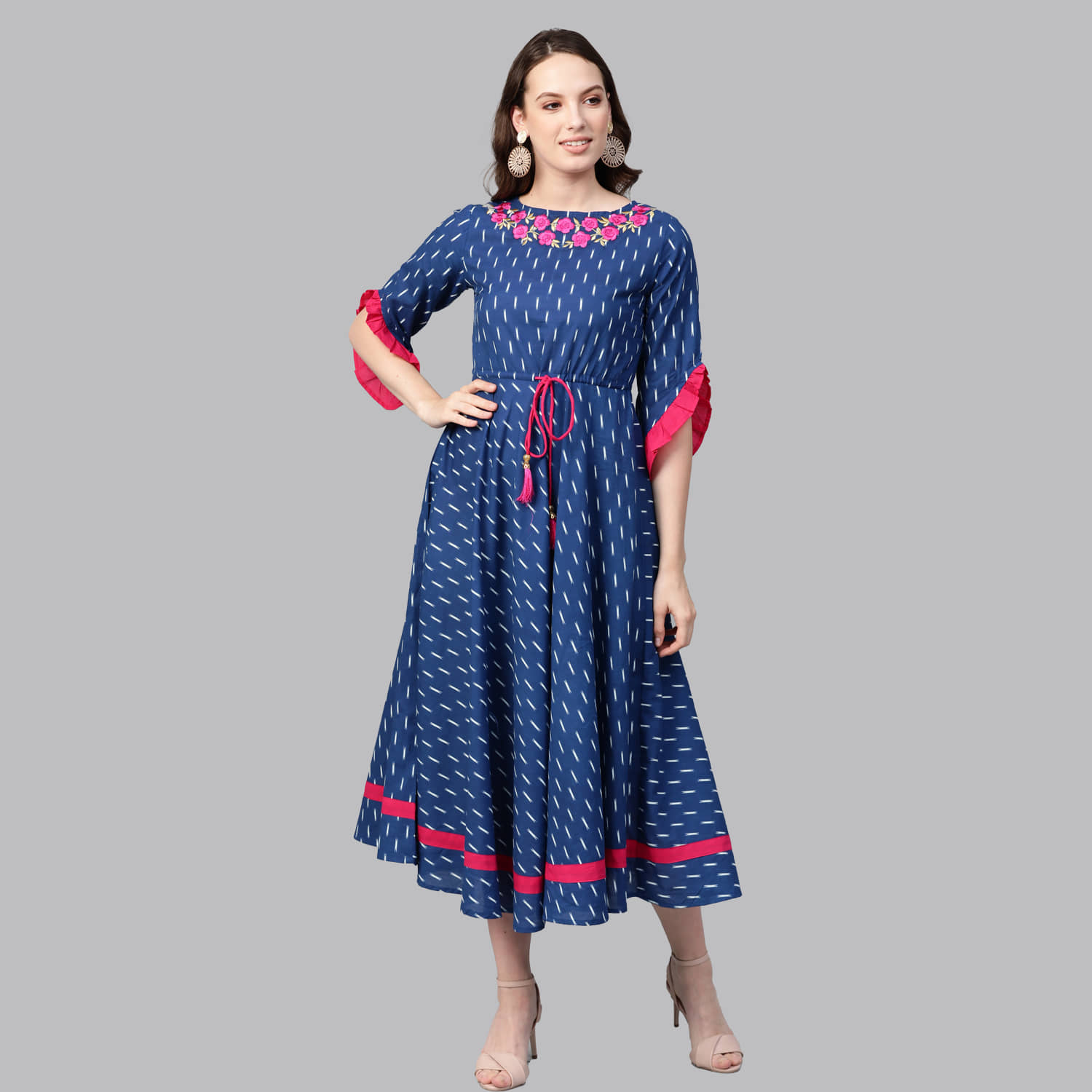Yash Gallery Women Cotton Printed Ethnic Dress ( Blue )