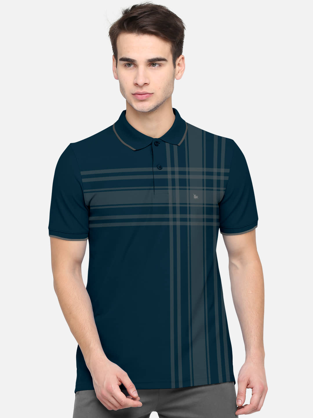 BULLMER Pack of 1 Cotton Blend Regular Fit Checks Half Sleeves Men's Polo T Shirt ( Navy )