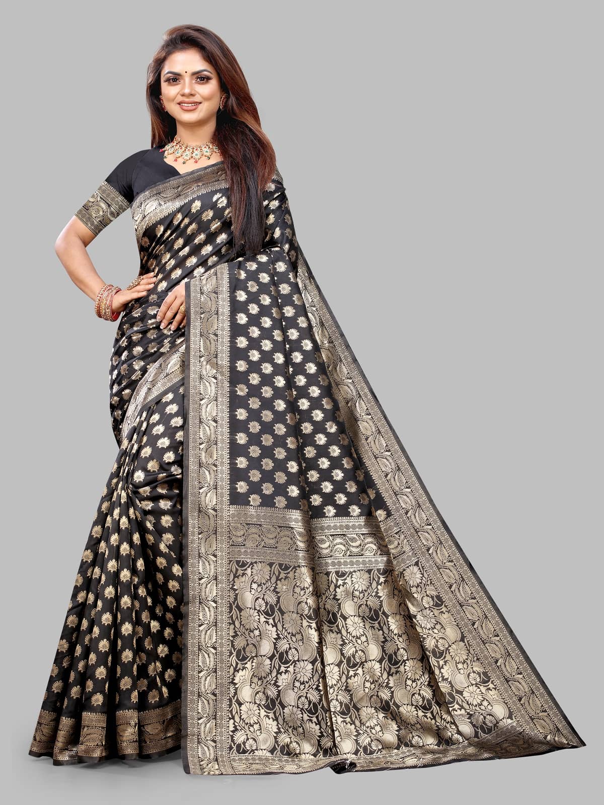 Gazal Fashions Banarasi Silk Embellished Saree With Unstitched Blouse Piece ( Black ) - Sarees | Buy online on ZillyBuy