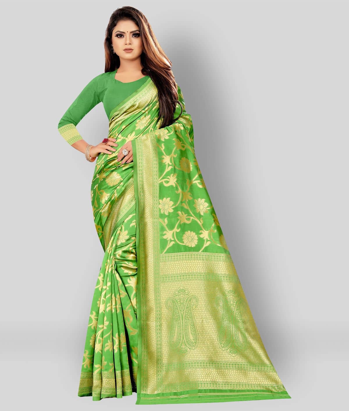 Gazal Fashions Banarasi Silk Printed Saree With Unstitched Blouse Piece ( Green ) - Sarees | Buy online on ZillyBuy
