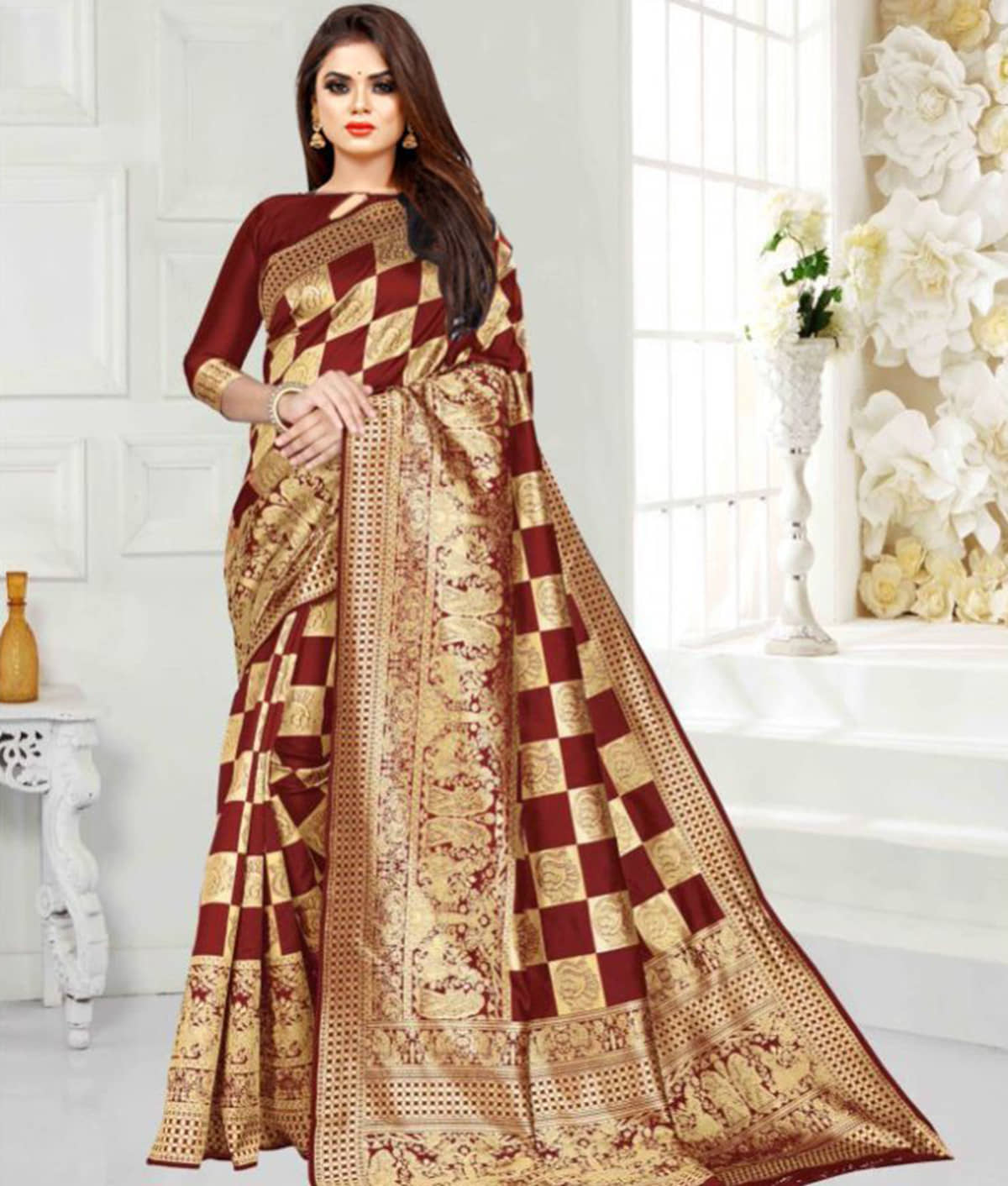 Gazal Fashions Banarasi Silk Printed Saree With Unstitched Blouse Piece ( Multicolor ) - Sarees | Buy online on ZillyBuy