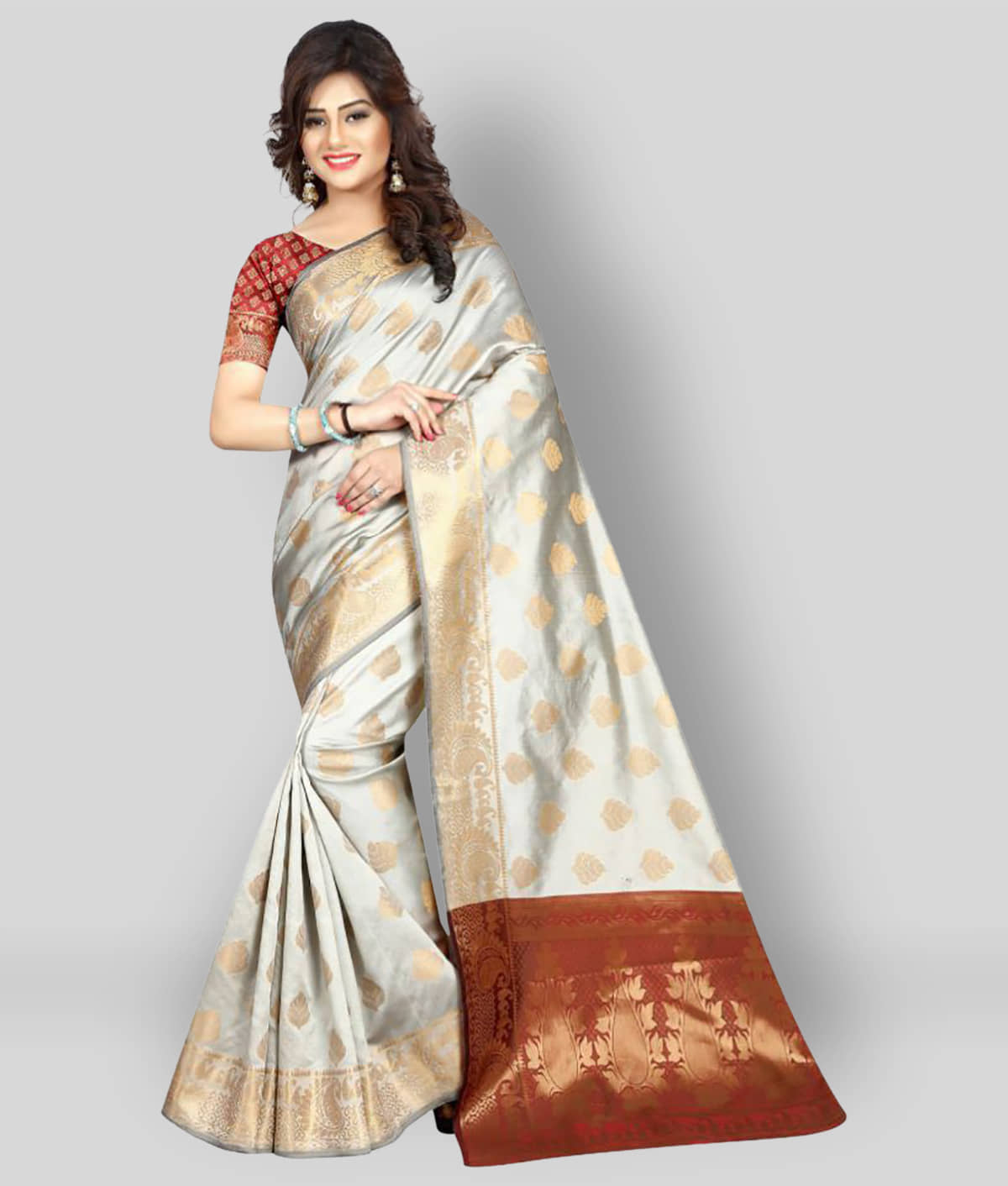 Gazal Fashions Banarasi Silk Saree With Unstitched Blouse Piece ( Cream ) - Sarees | Buy online on ZillyBuy