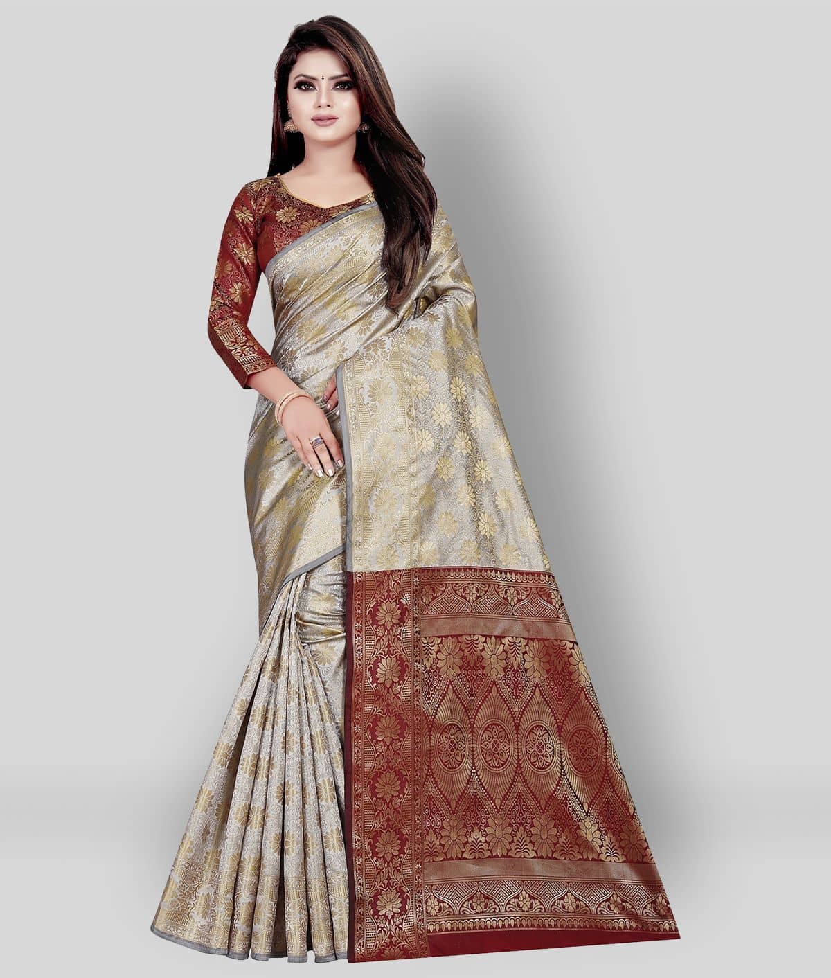 Gazal Fashions Banarasi Silk Printed Saree With Unstitched Blouse Piece ( Multicolor ) - Sarees | Buy online on ZillyBuy