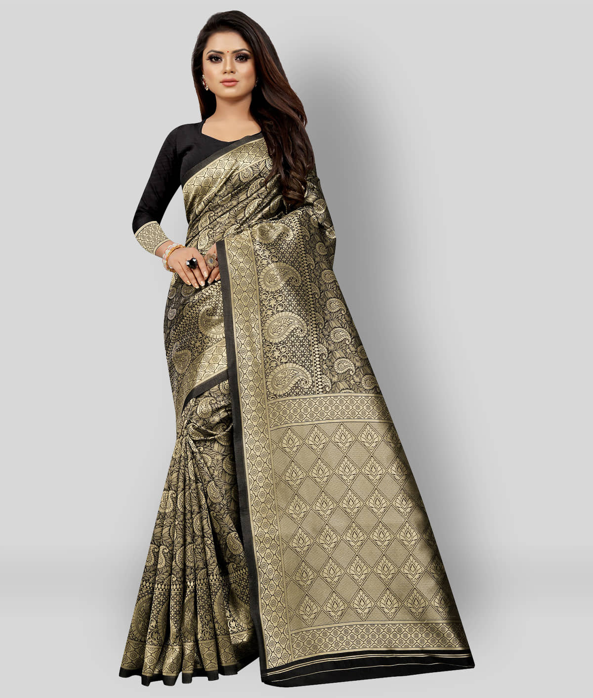 Gazal Fashions Silk Blend Printed Saree With Unstitched Blouse Piece ( Multicolor ) - Sarees | Buy online on ZillyBuy