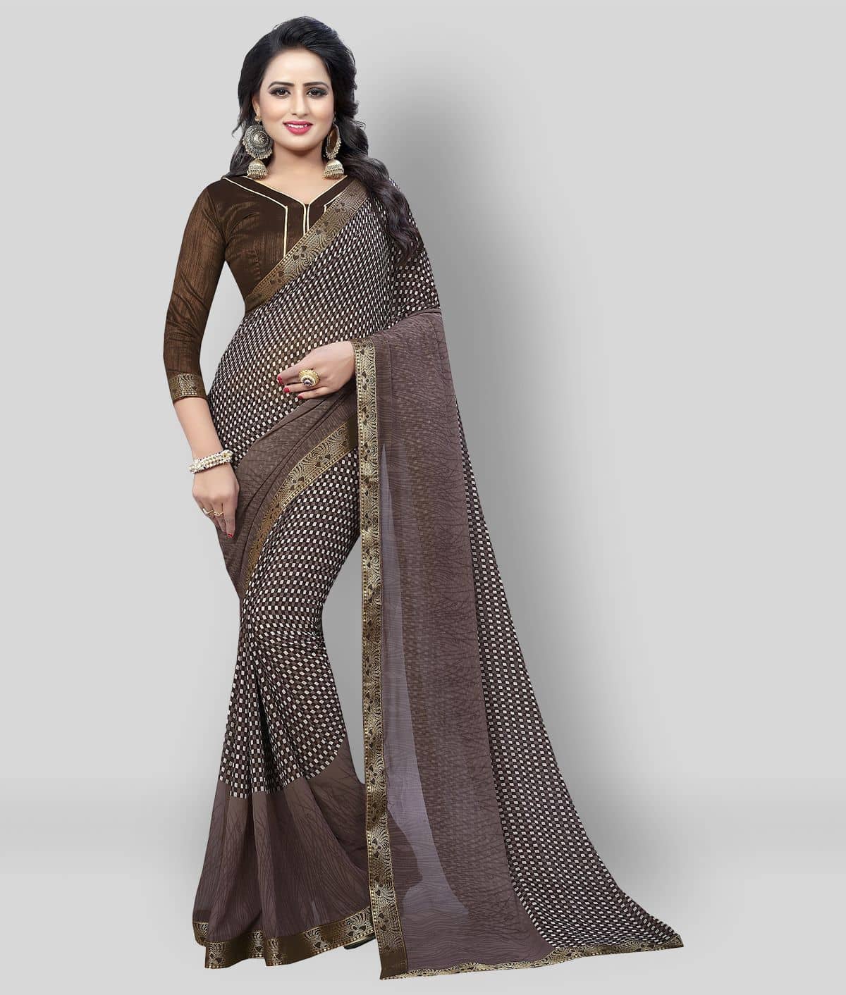 Gazal Fashions Chiffon Checks Saree With Unstitched Blouse Piece ( Multicolor ) - Sarees | Buy online on ZillyBuy