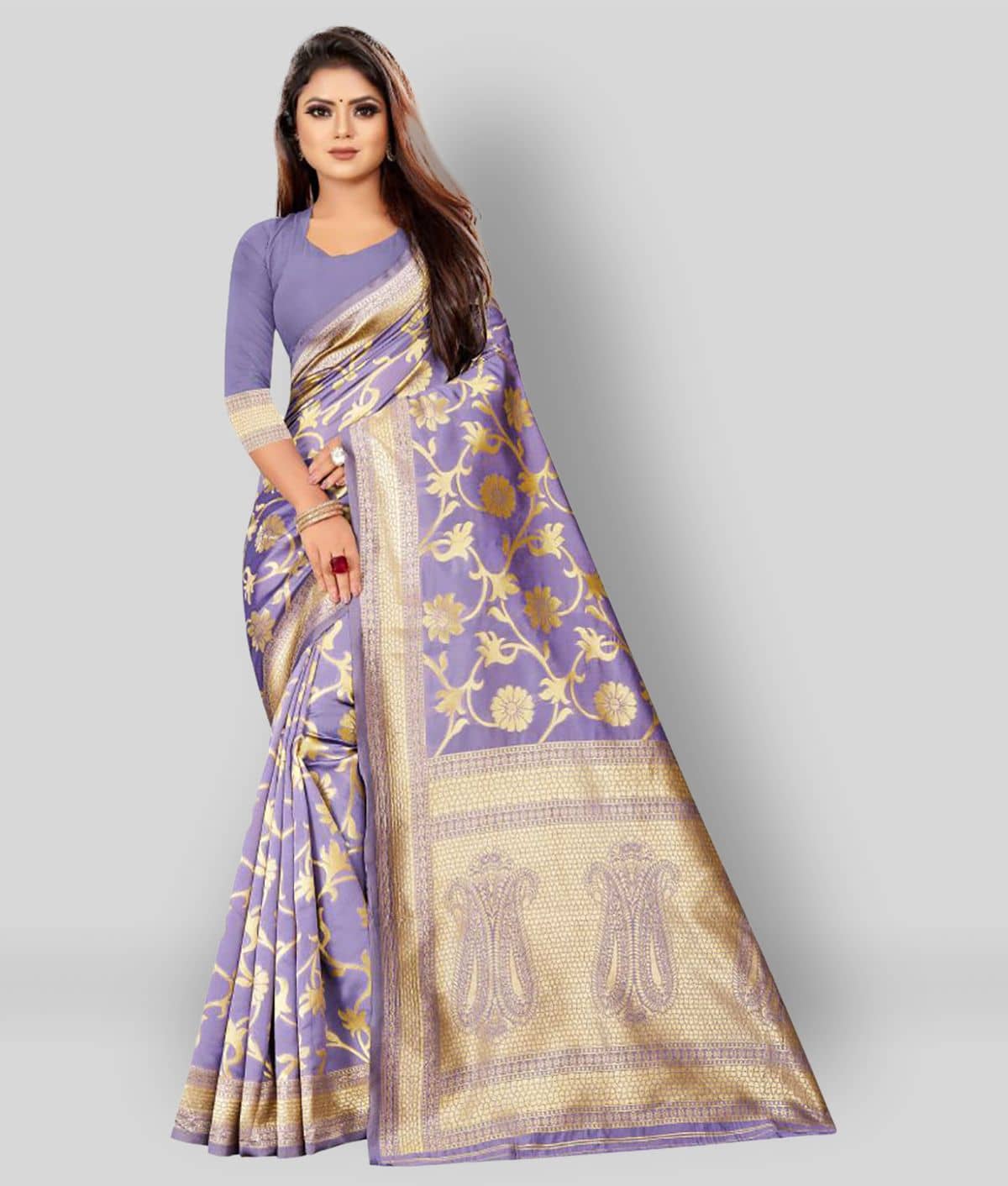 Gazal Fashions Silk Blend Printed Saree With Unstitched Blouse Piece ( Purple ) - Sarees | Buy online on ZillyBuy