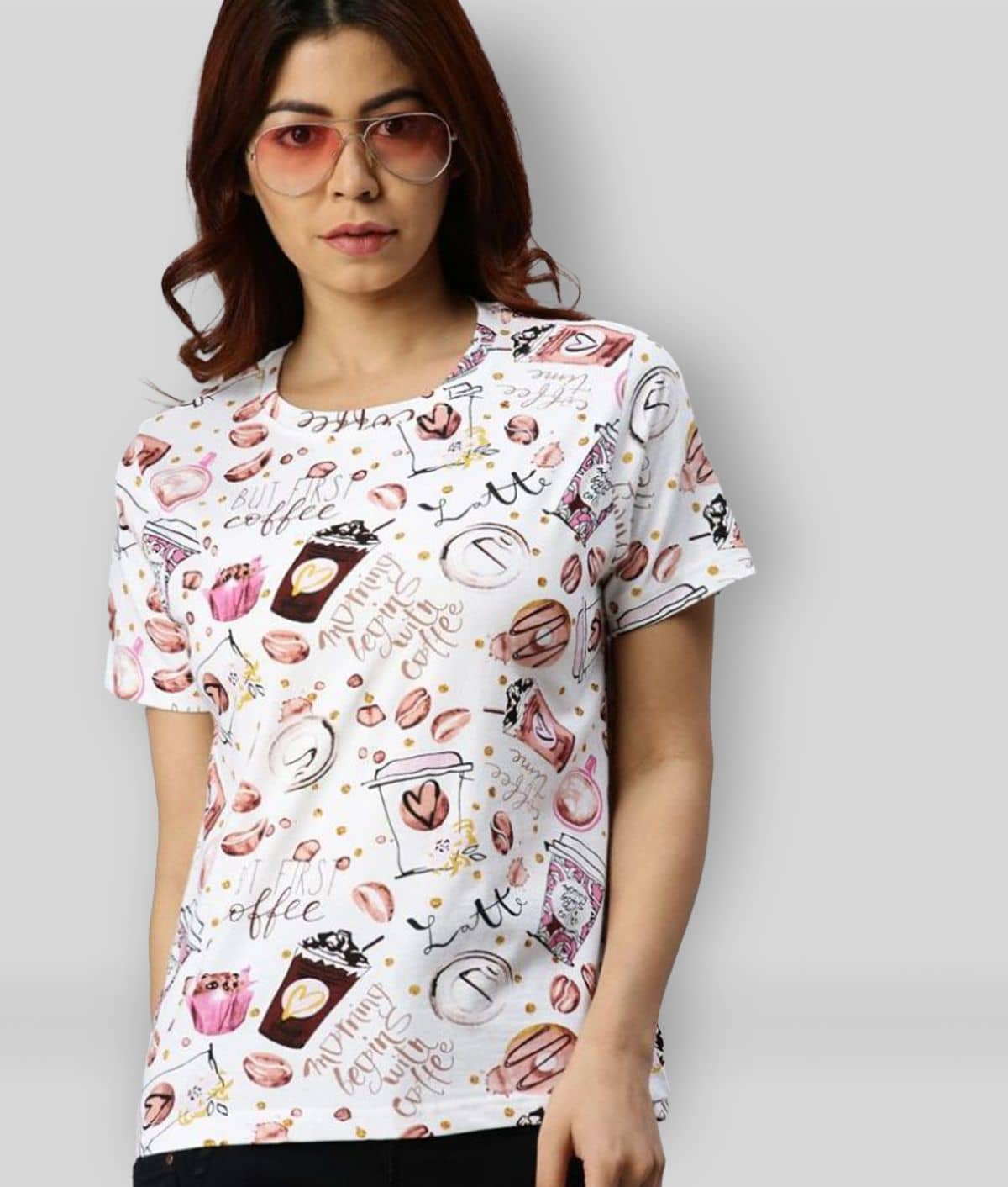 JUNEBERRY Women Cotton Printed Regular Fit Round Neck T-Shirt ( White )