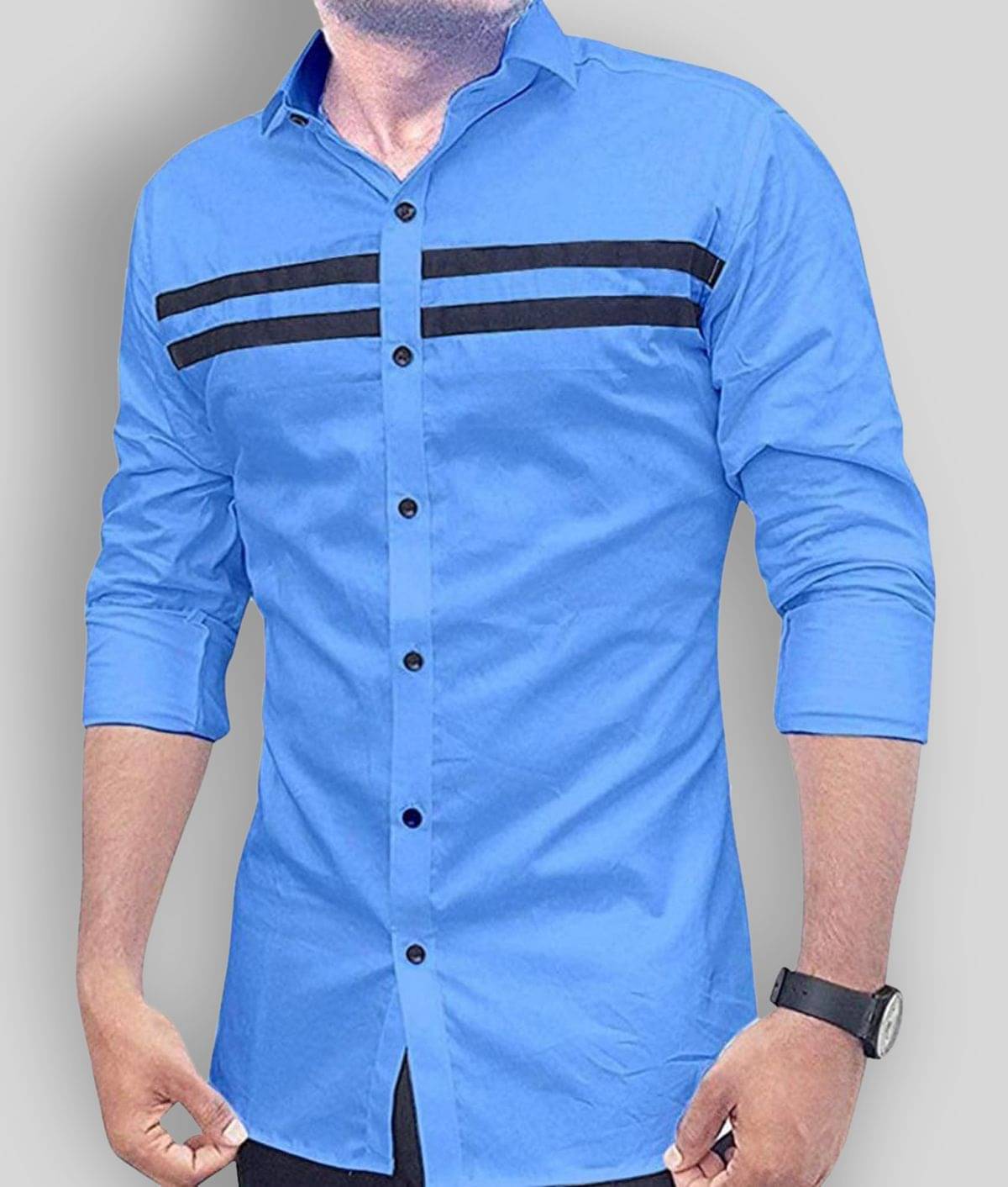 VERTUSY Cotton Blend Regular Fit Striped Full Sleeves Men's Casual Shirt - Light Blue ( Pack of 1 )