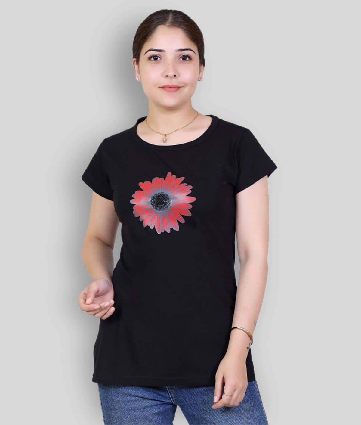 Varenyam Women Cotton Printed Regular Fit Round Neck T-Shirt ( Black )