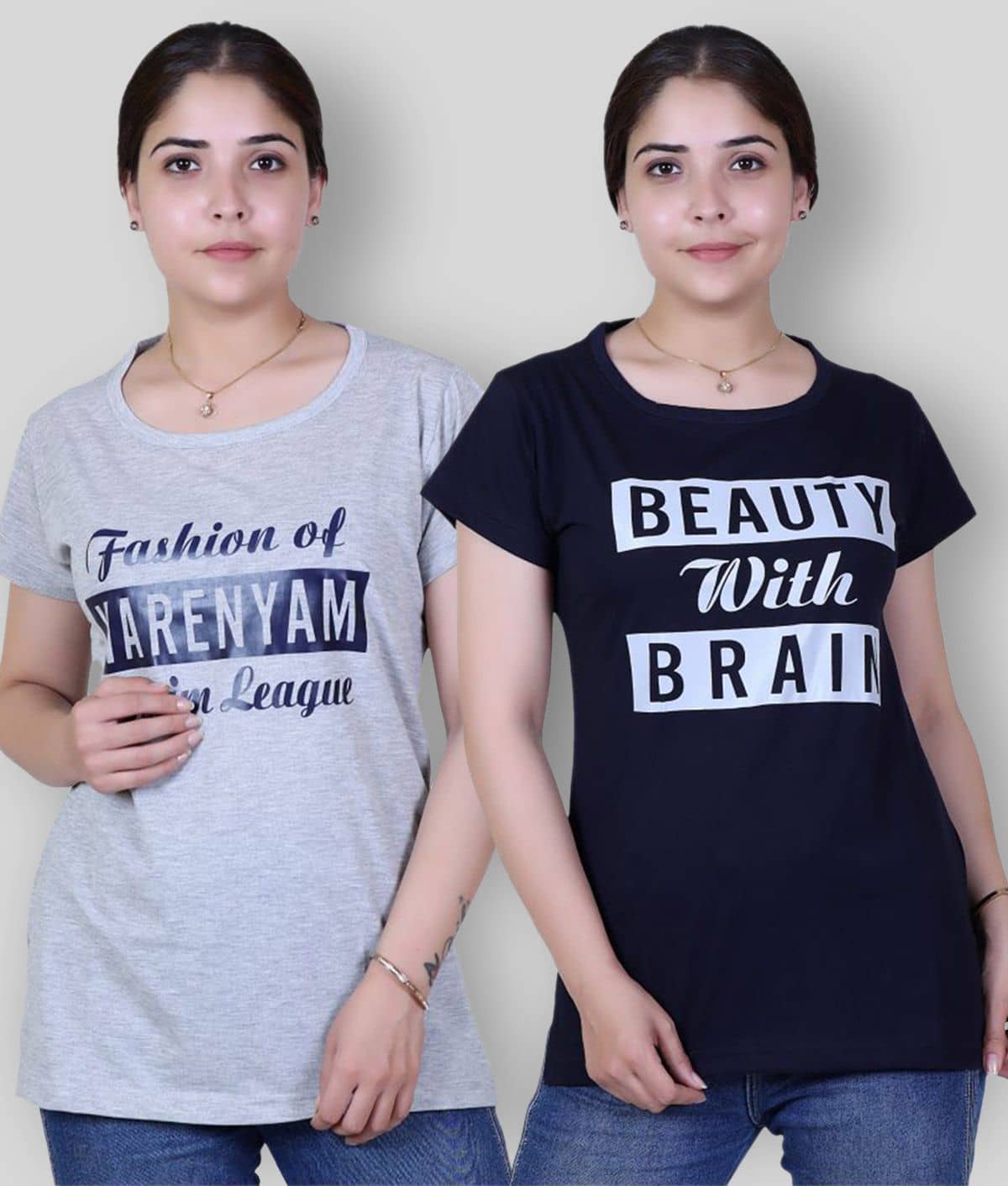 Varenyam Women Cotton Printed Regular Fit Round Neck T-Shirt ( Light Grey )