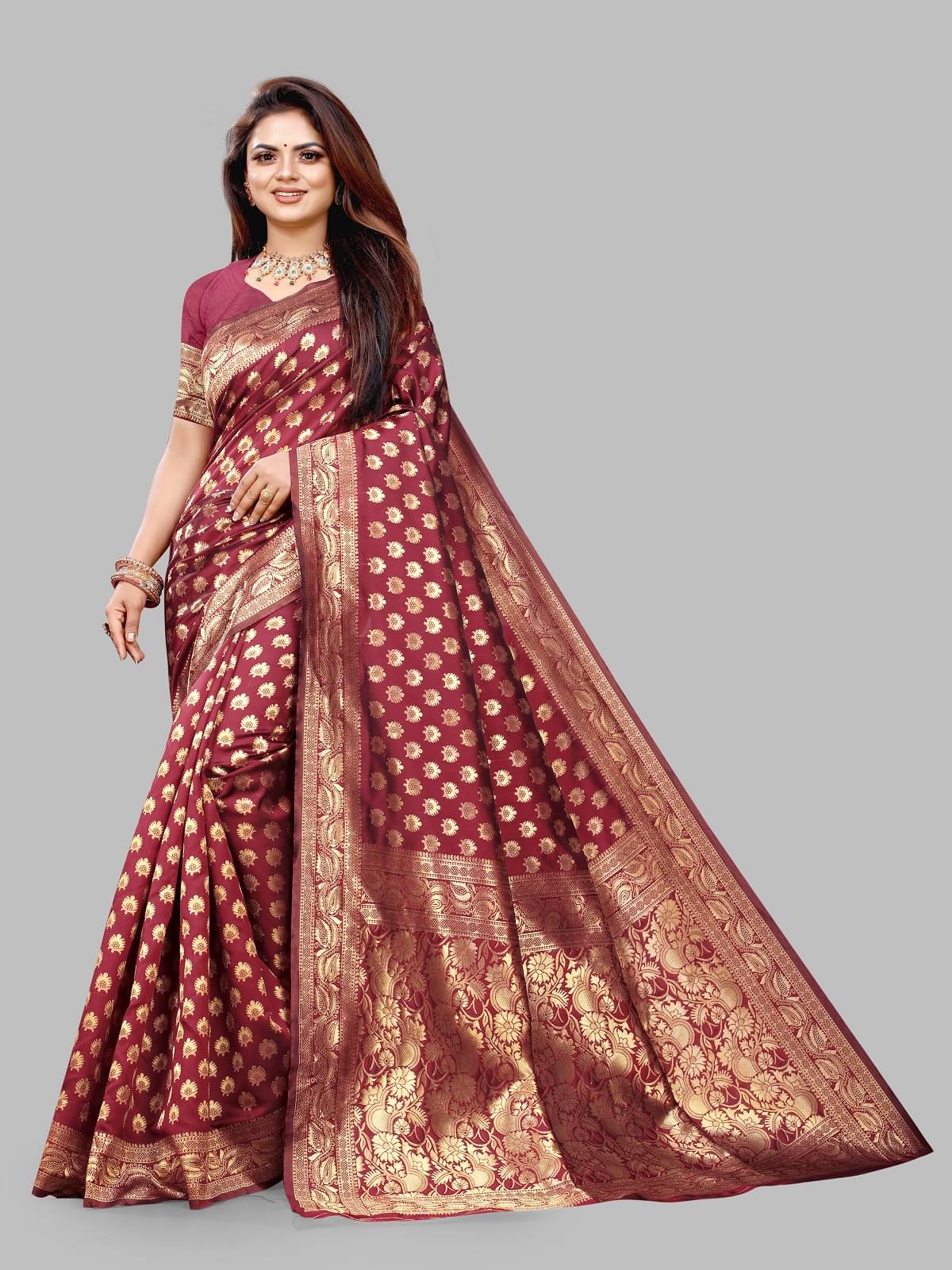     			Gazal Fashions Banarasi Silk Embellished Saree With Unstitched Blouse Piece ( Maroon )