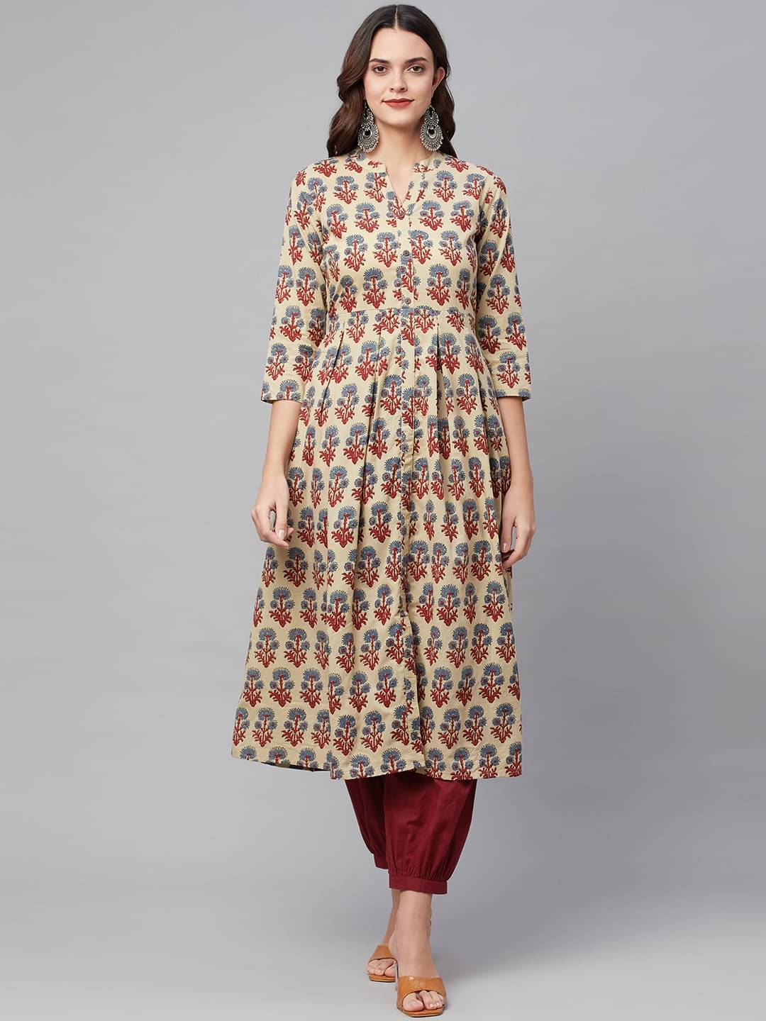 Divena Women Cotton Printed A-line Kurti With Pants ( Beige )     			Divena Women Cotton Printed A-line Kurti With Pants ( Beige )