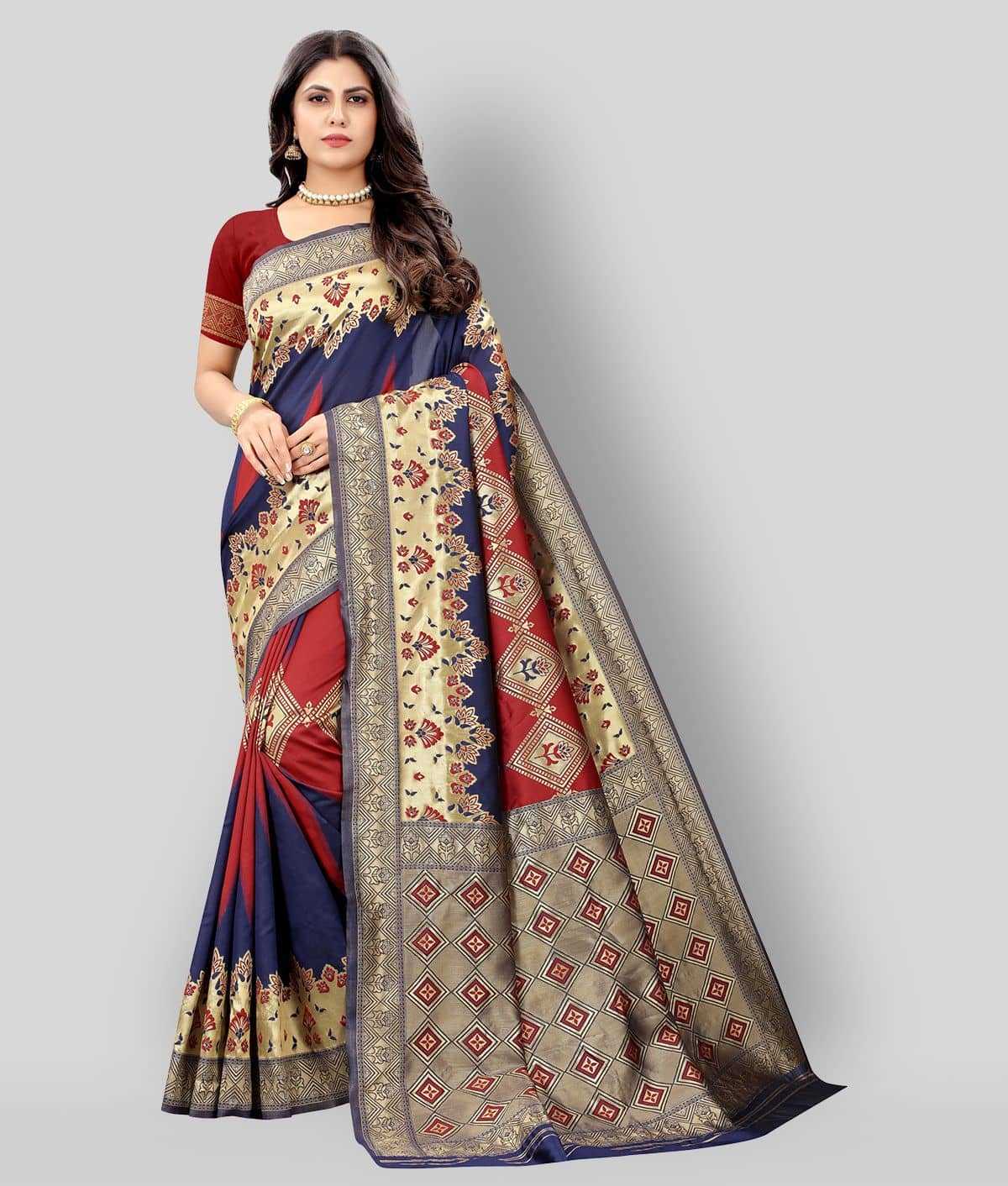 NENCY FASHION Banarasi Silk Saree With Unstitched Blouse Piece ( Blue ) - Sarees | Buy online on ZillyBuy