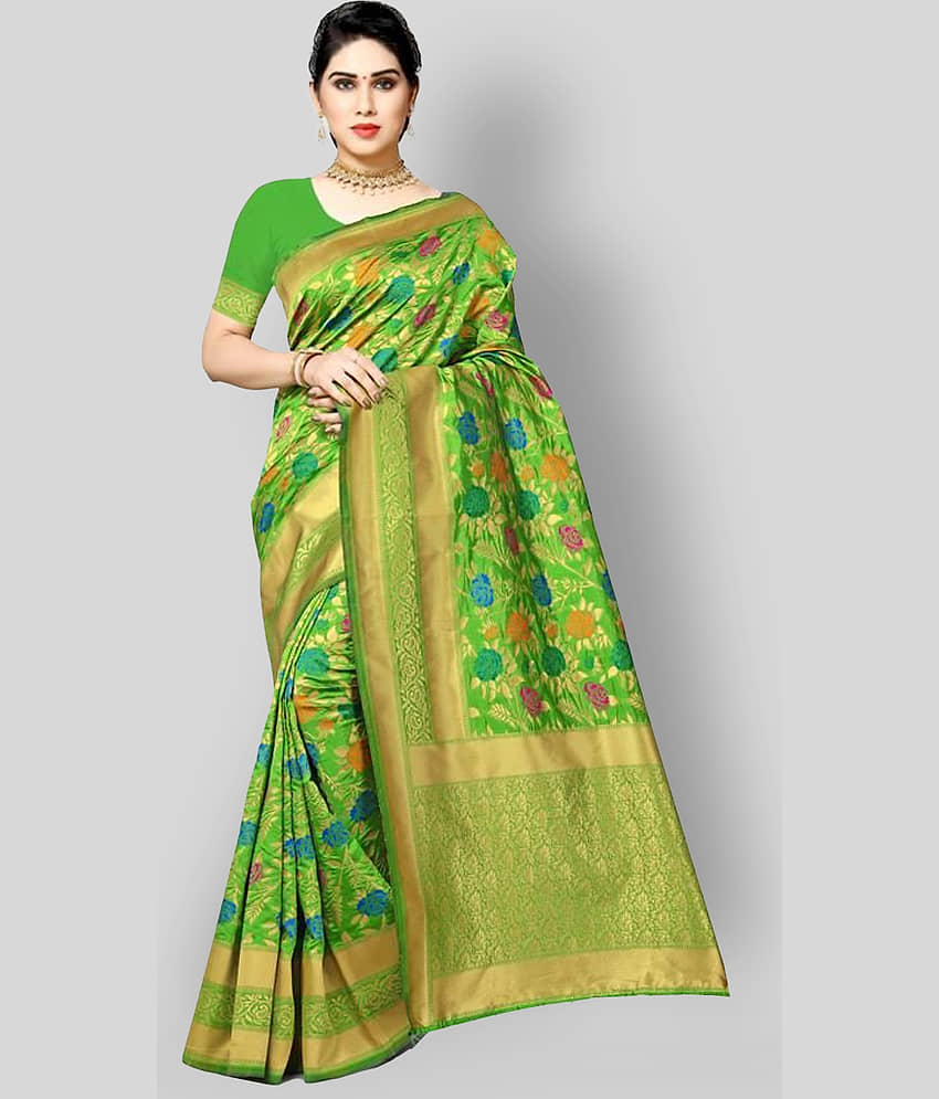NENCY FASHION Banarasi Silk Printed Saree With Unstitched Blouse Piece ( Green ) - Sarees | Buy online on ZillyBuy