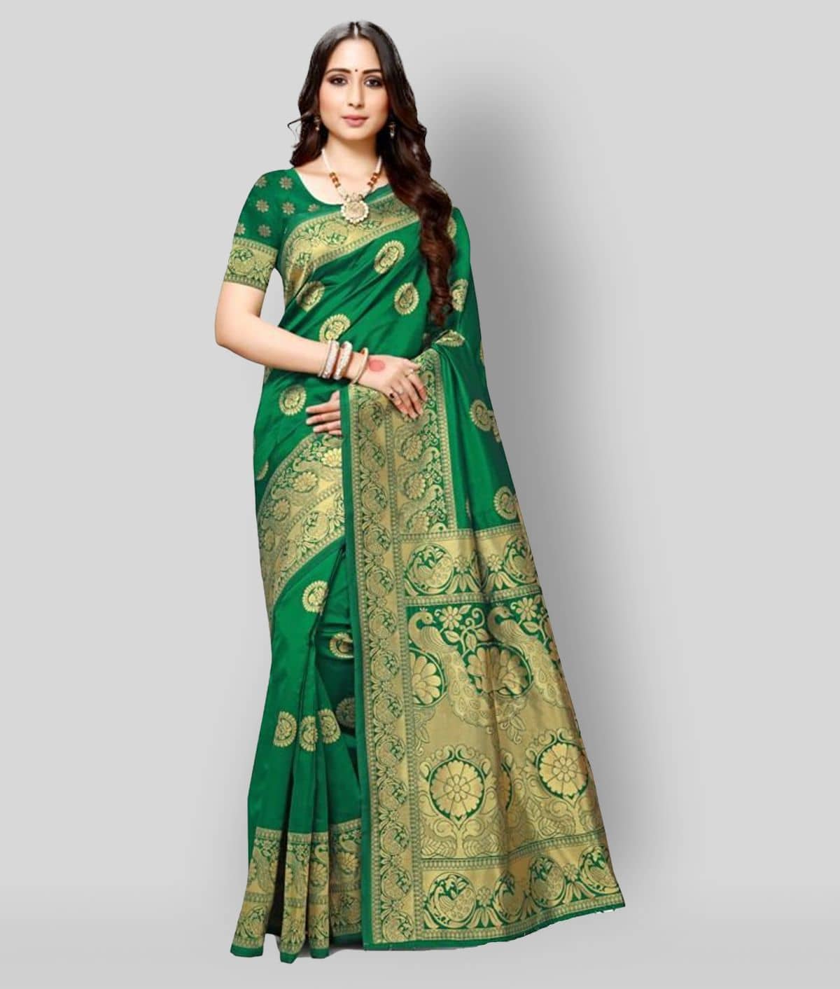 NENCY FASHION Silk Blend Printed Saree With Unstitched Blouse Piece ( Green ) - Sarees | Buy online on ZillyBuy
