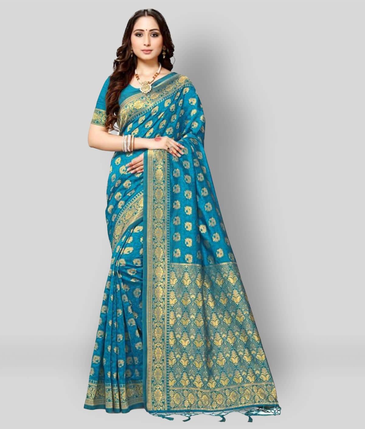 NENCY FASHION Banarasi Silk Printed Saree With Unstitched Blouse Piece ( Light Blue ) - Sarees | Buy online on ZillyBuy