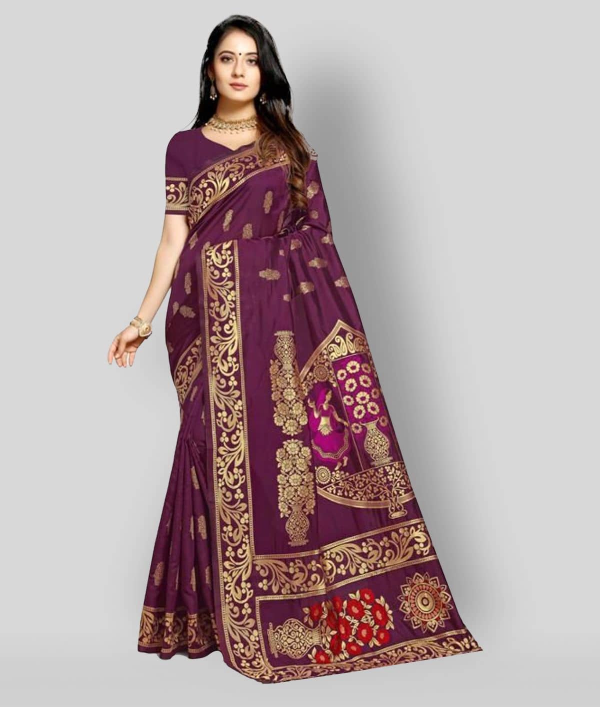 NENCY FASHION Banarasi Silk Embellished Saree With Unstitched Blouse Piece ( Magenta ) - Sarees | Buy online on ZillyBuy