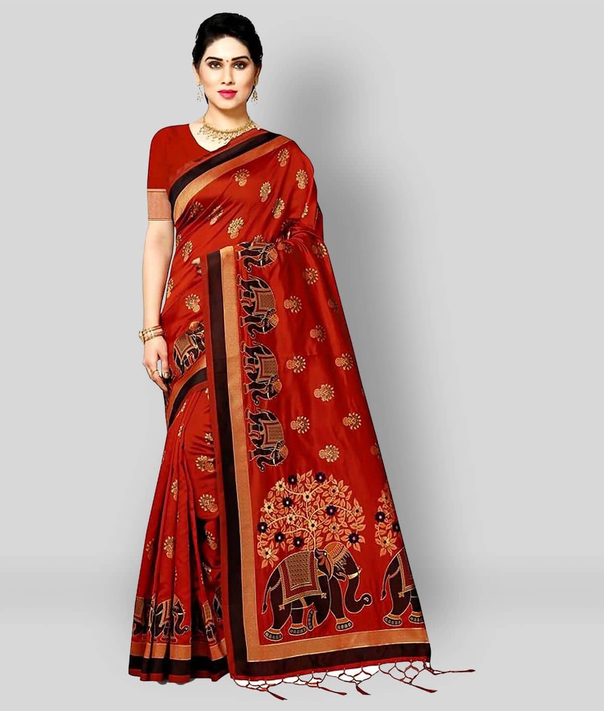 NENCY FASHION Banarasi Silk Printed Saree With Unstitched Blouse Piece ( Maroon ) - Sarees | Buy online on ZillyBuy