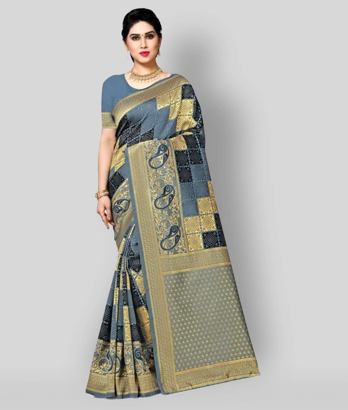 NENCY FASHION Banarasi Silk Saree With Unstitched Blouse Piece ( Grey ) - Sarees | Buy online on ZillyBuy