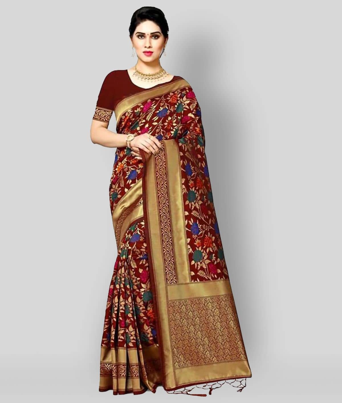 NENCY FASHION Banarasi Silk Printed Saree With Unstitched Blouse Piece ( Multicolor ) - Sarees | Buy online on ZillyBuy