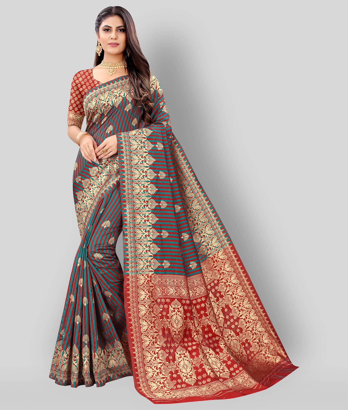 NENCY FASHION Banarasi Silk Striped Saree With Unstitched Blouse Piece ( Multicolor ) - Sarees | Buy online on ZillyBuy