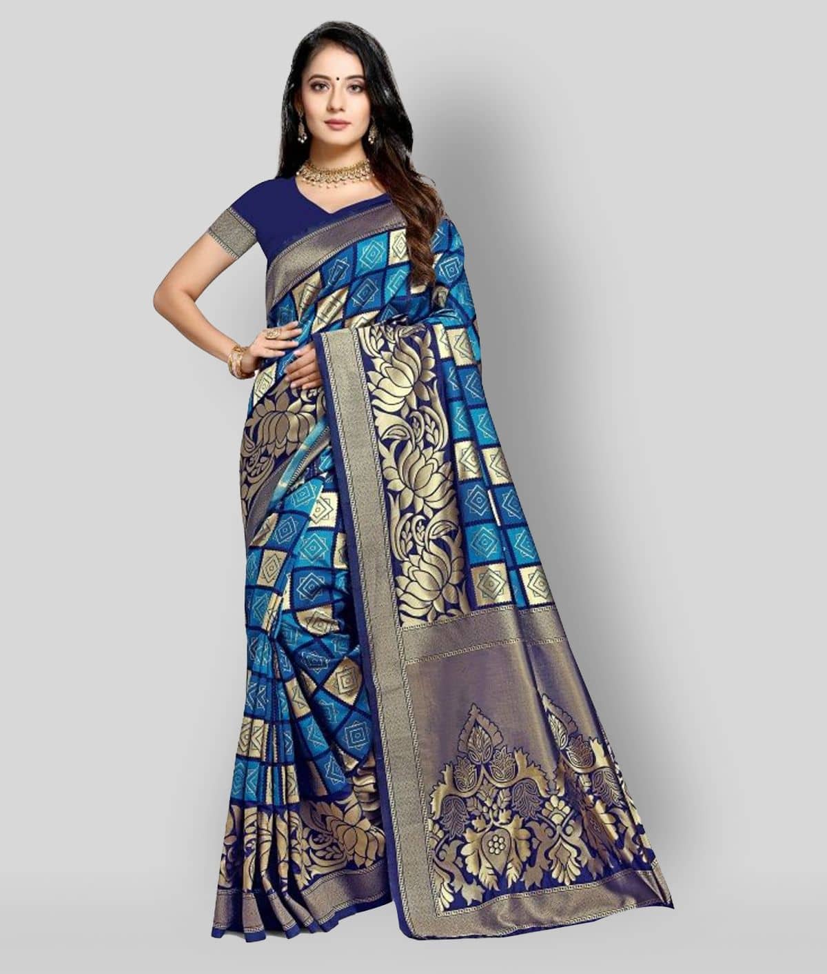 NENCY FASHION Silk Blend Printed Saree With Unstitched Blouse Piece ( Multicolor ) - Sarees | Buy online on ZillyBuy