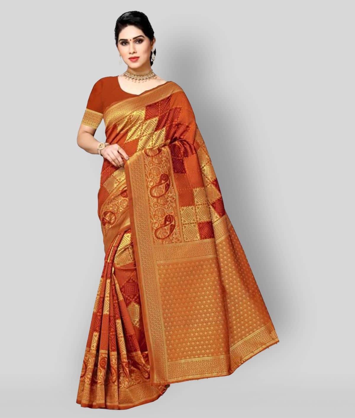 NENCY FASHION Banarasi Silk Printed Saree With Unstitched Blouse Piece ( Orange ) - Sarees | Buy online on ZillyBuy