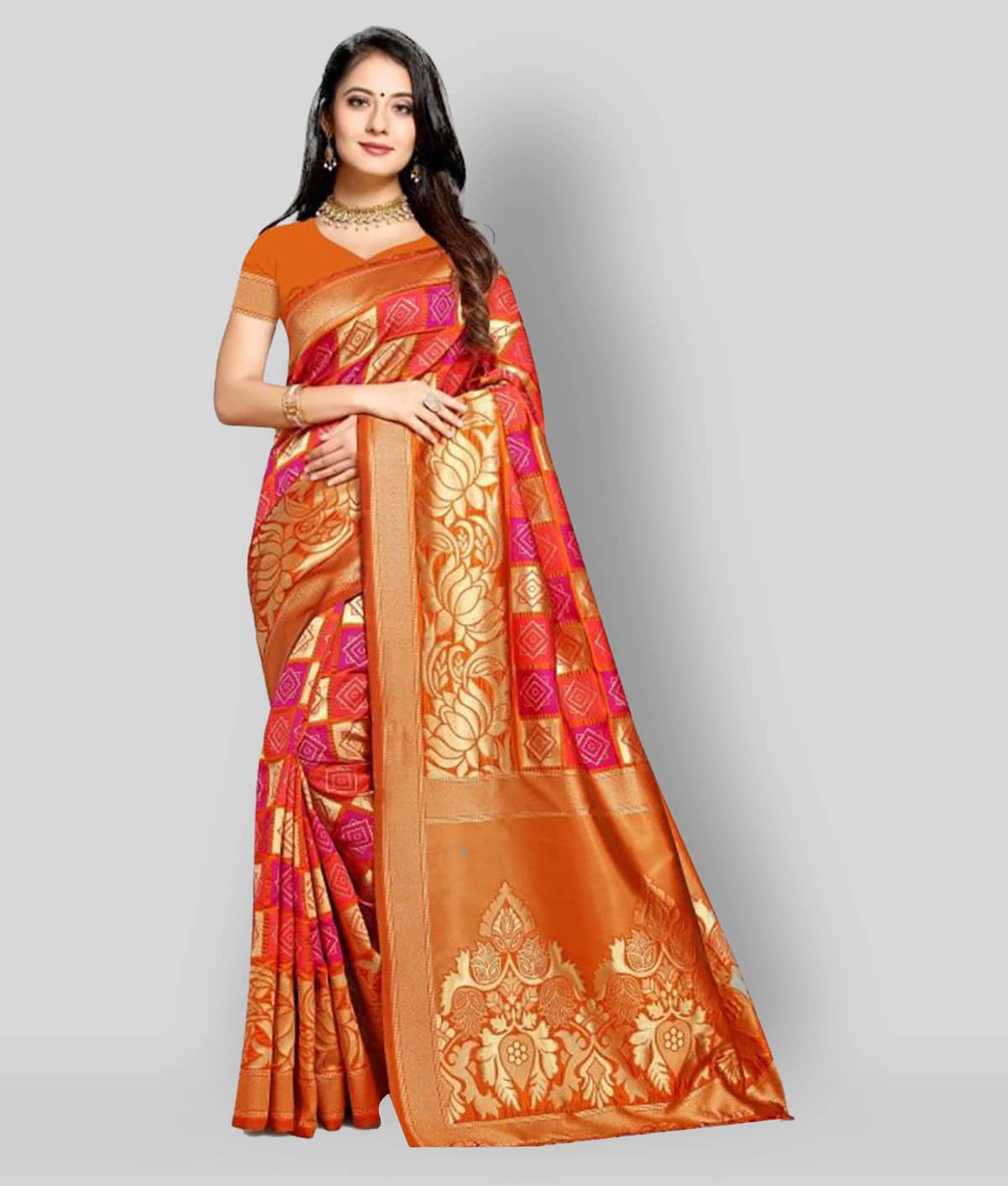 NENCY FASHION Banarasi Silk Saree With Unstitched Blouse Piece ( Orange ) - Sarees | Buy online on ZillyBuy