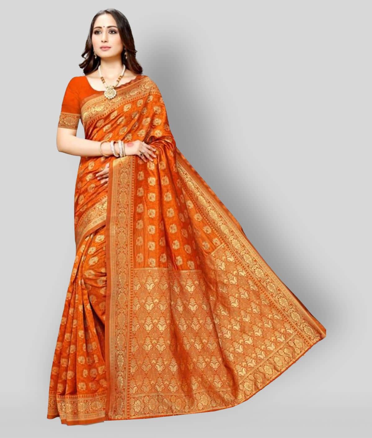 NENCY FASHION Banarasi Silk Printed Saree With Unstitched Blouse Piece ( Orange ) - Sarees | Buy online on ZillyBuy