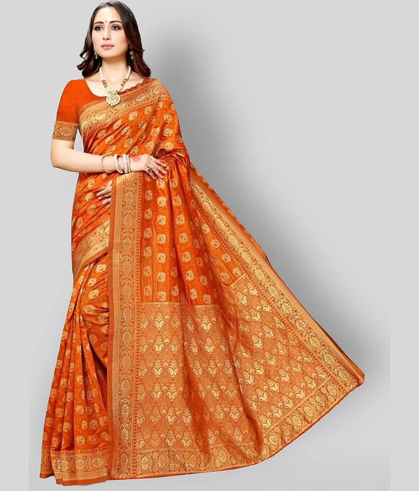 NENCY FASHION Banarasi Silk Printed Saree With Unstitched Blouse Piece ( Orange ) - Sarees | Buy online on ZillyBuy