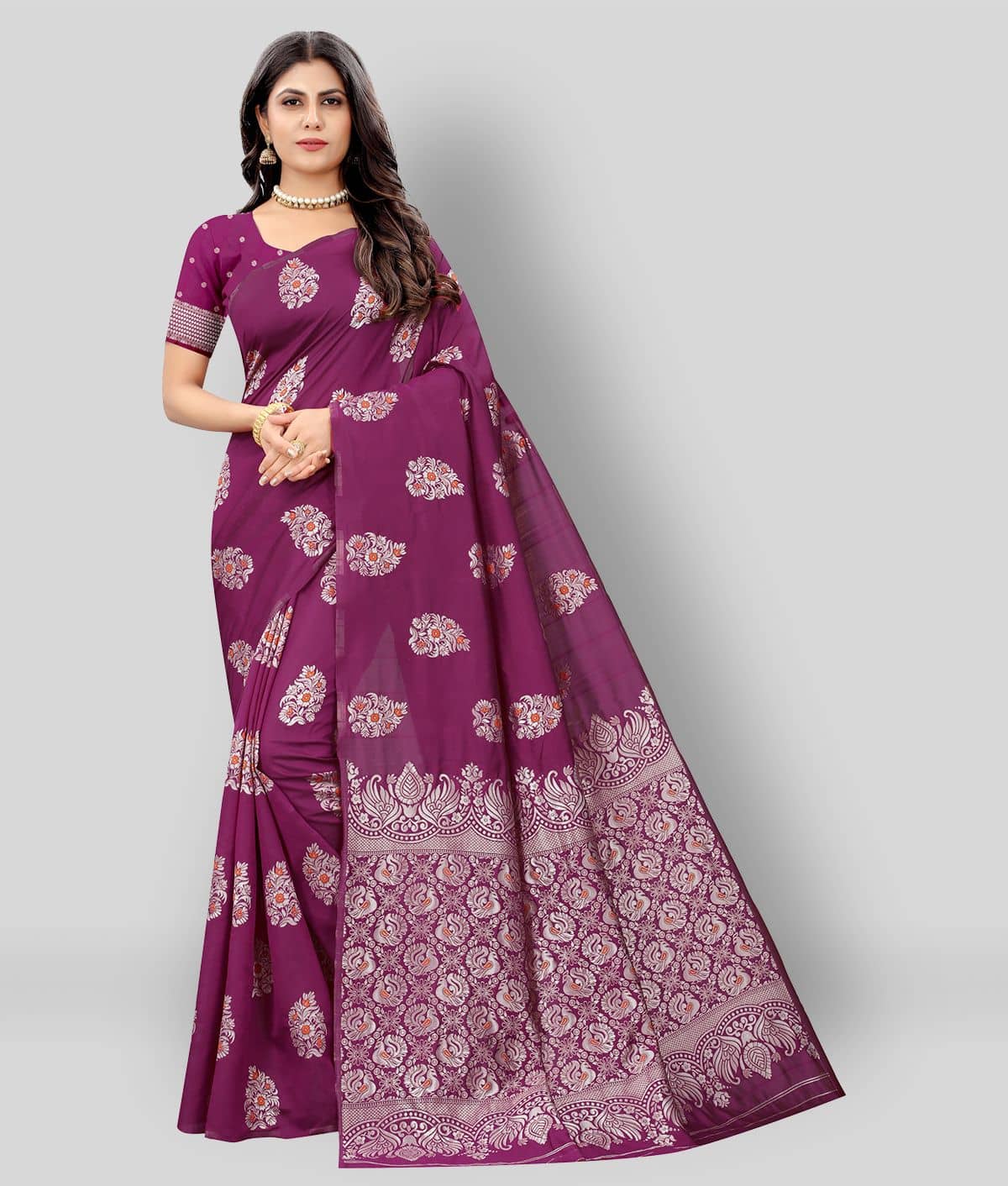 NENCY FASHION Banarasi Silk Saree With Unstitched Blouse Piece ( Purple ) - Sarees | Buy online on ZillyBuy