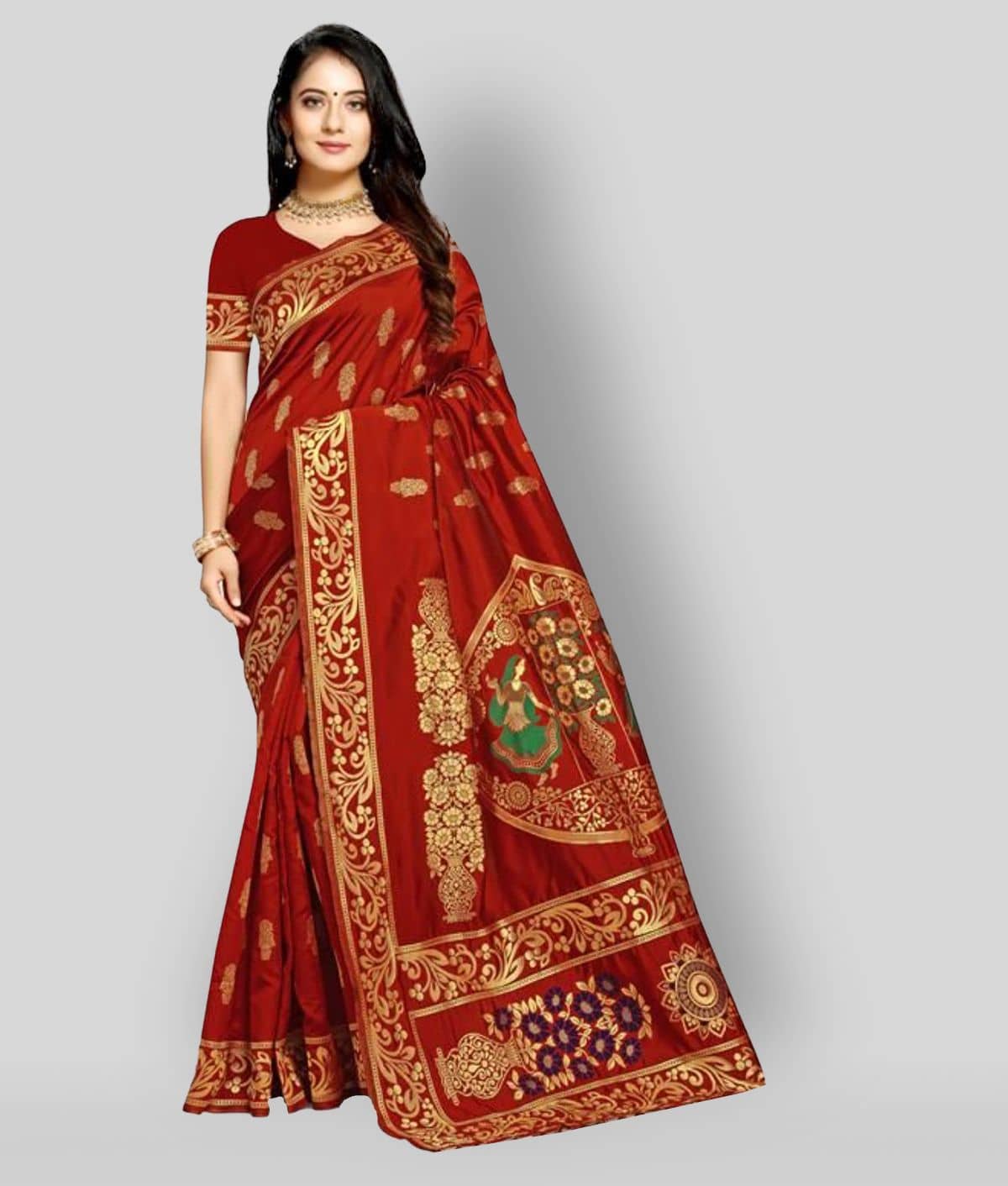 NENCY FASHION Banarasi Silk Printed Saree With Unstitched Blouse Piece ( Red ) - Sarees | Buy online on ZillyBuy