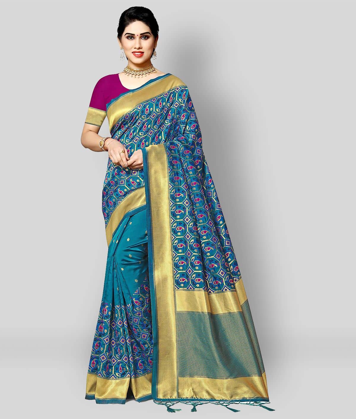 NENCY FASHION Banarasi Silk Saree With Unstitched Blouse Piece ( SkyBlue ) - Sarees | Buy online on ZillyBuy