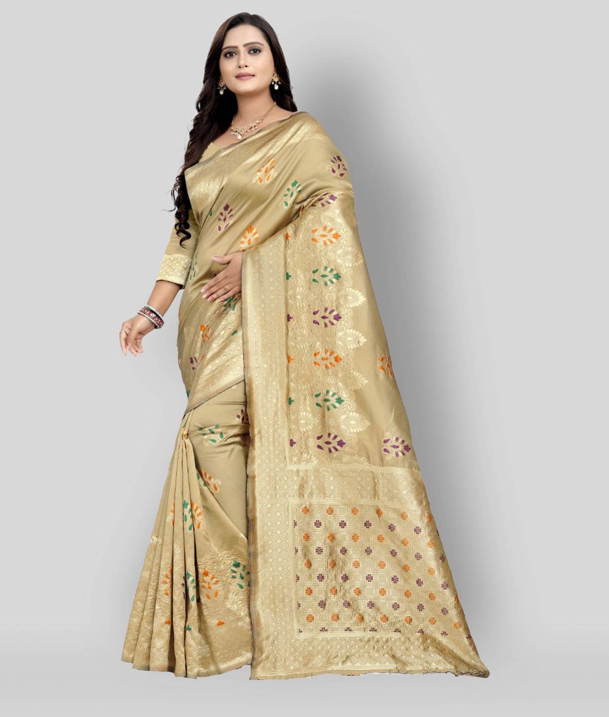 NENCY FASHIONS Banarasi Silk Embellished Saree With Unstitched Blouse Piece ( Beige )     			NENCY FASHIONS Banarasi Silk Embellished Saree With Unstitched Blouse Piece ( Beige )