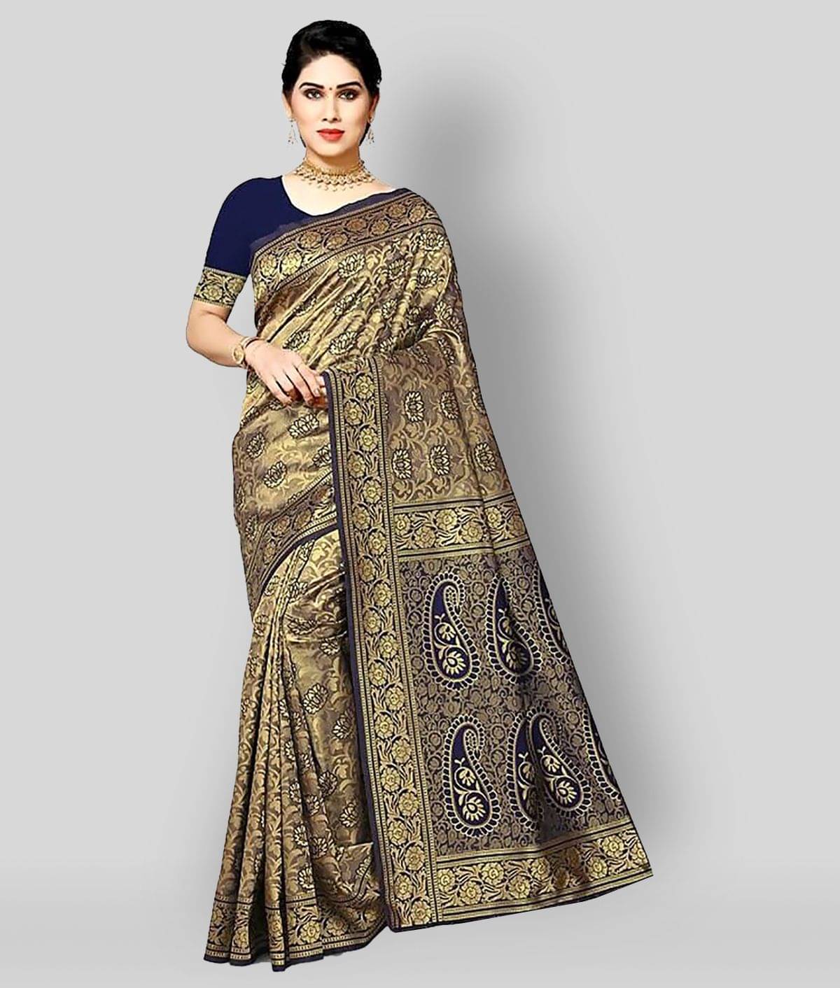 NENCY FASHIONS Banarasi Silk Printed Saree With Unstitched Blouse Piece ( Gold ) NENCY FASHIONS Banarasi Silk Printed Saree With Unstitched Blouse Piece ( Gold )