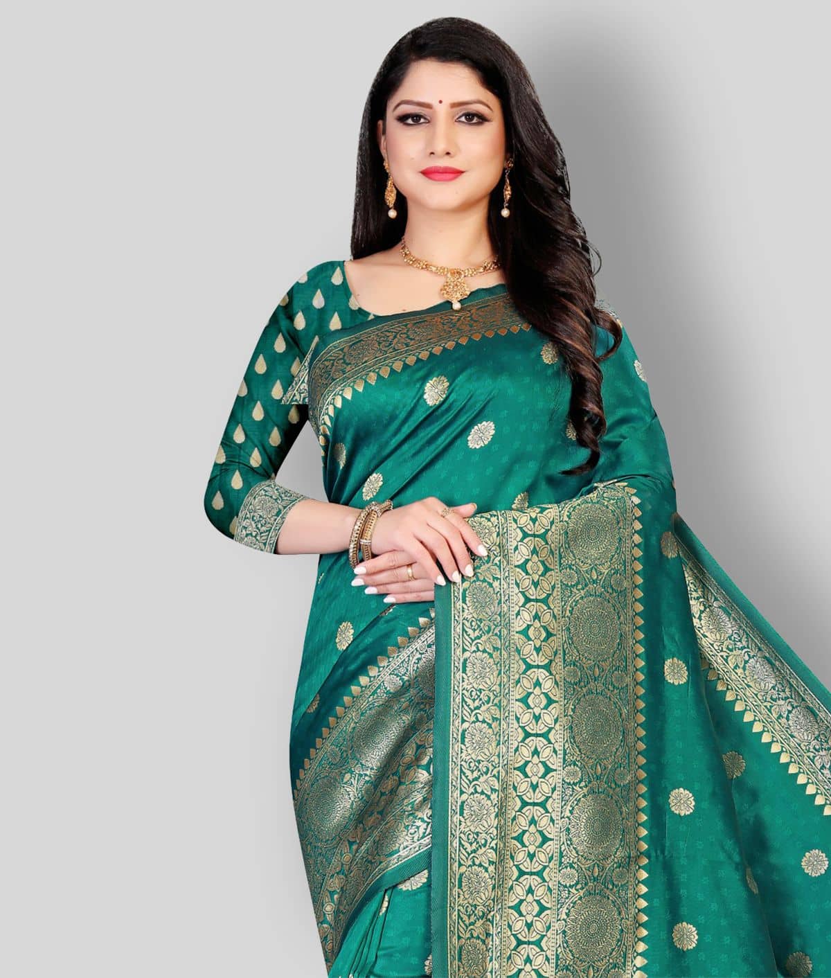 NENCY FASHIONS Banarasi Silk Printed Saree With Unstitched Blouse Piece ( Green ) - Sarees | Buy online on ZillyBuy