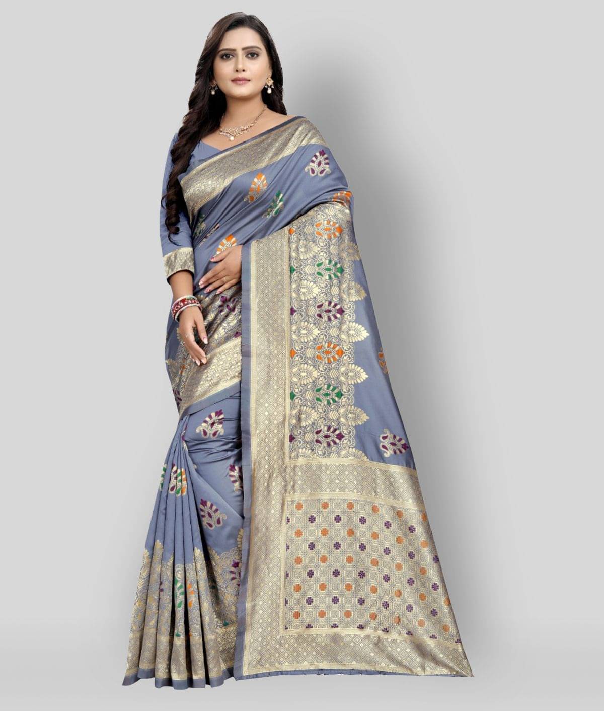 NENCY FASHIONS Banarasi Silk Printed Saree With Unstitched Blouse Piece ( Light Grey ) NENCY FASHIONS Banarasi Silk Printed Saree With Unstitched Blouse Piece ( Light Grey )