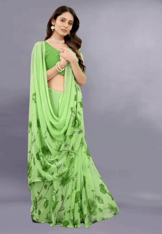 Sanwariya Silks Georgette Printed Saree With Unstitched Blouse Piece ( Green ) - Sarees | Buy online on ZillyBuy
