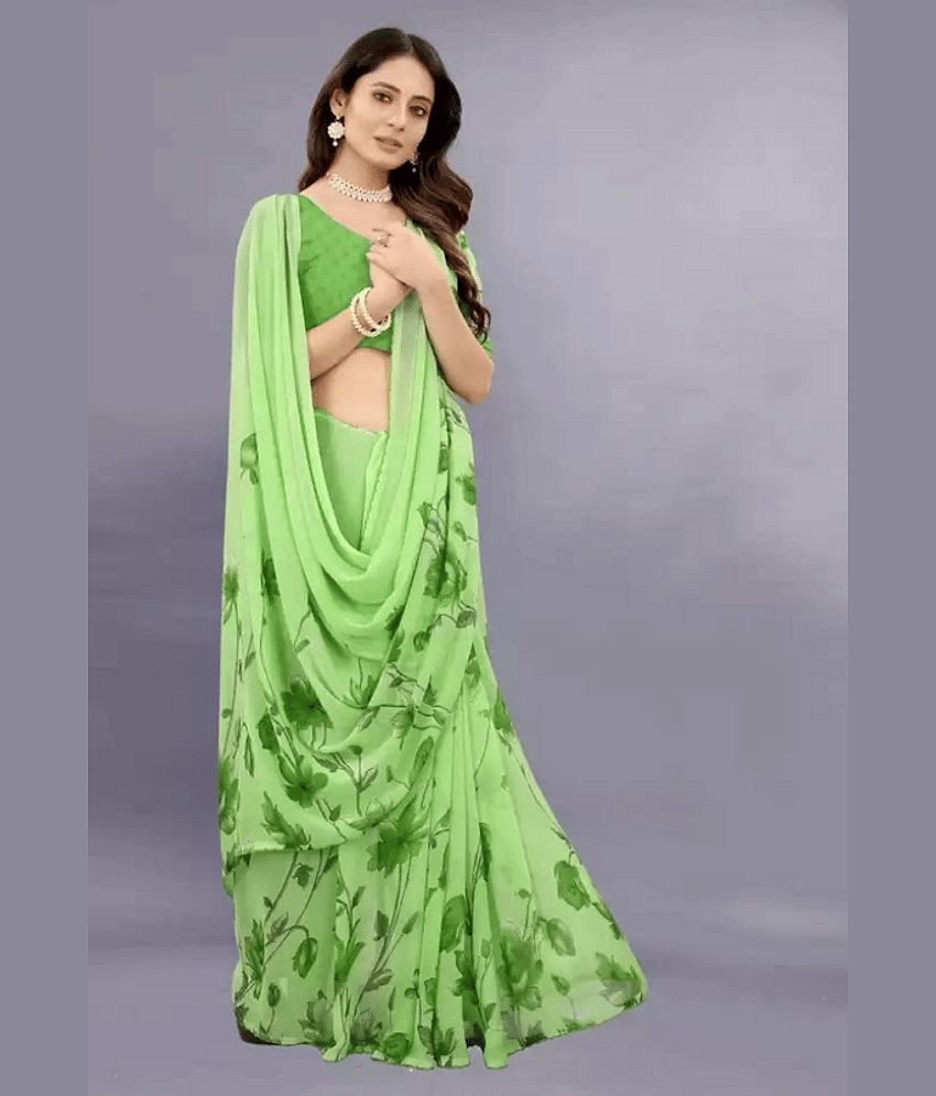 Sanwariya Silks Georgette Printed Saree With Unstitched Blouse Piece ( Green ) - Sarees | Buy online on ZillyBuy